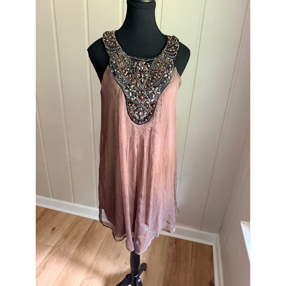 Epilogue Y2K Beaded Statement Neckline Mini Dress Mauve Pink Boho Shift Size M